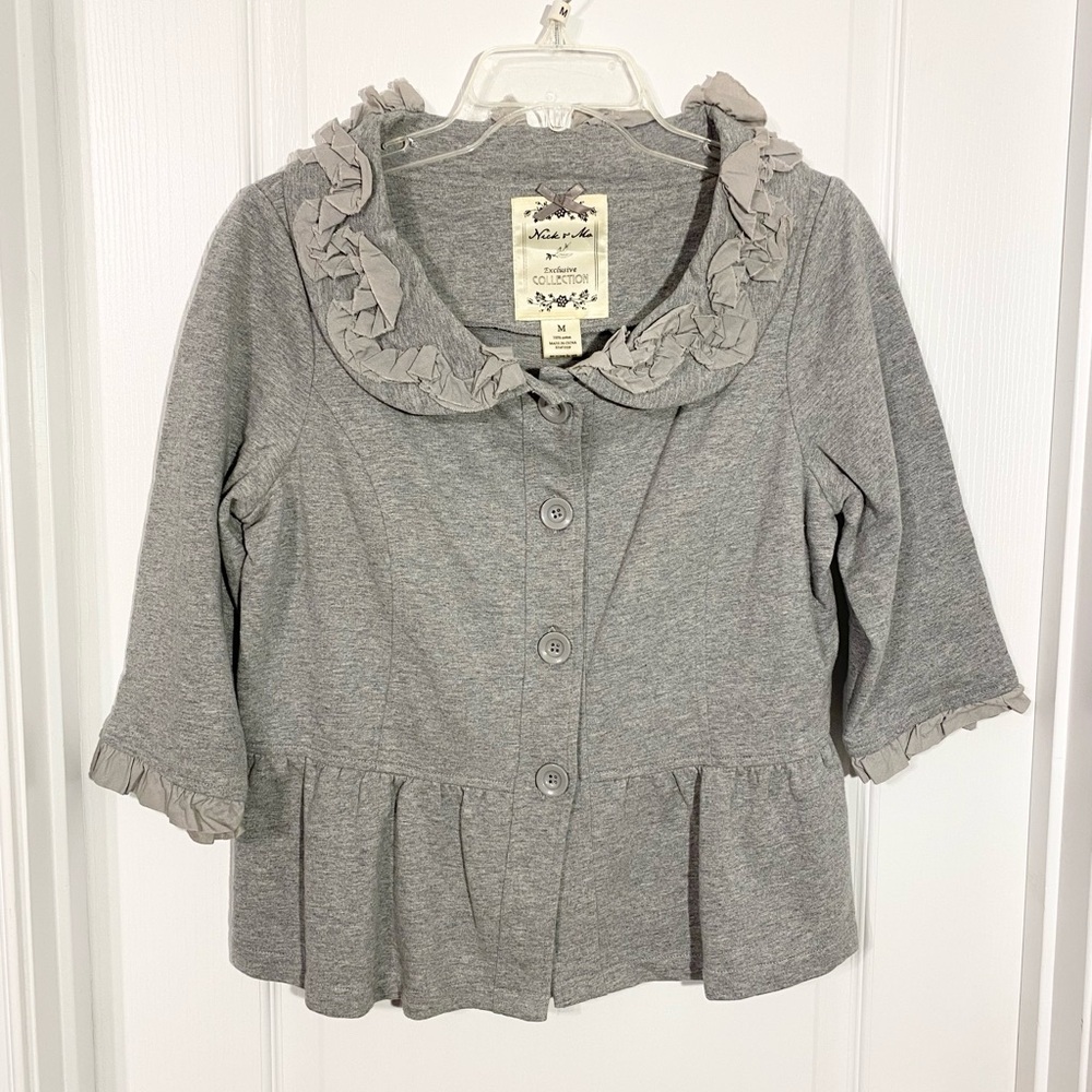 Nick & Mo Peplum Ruffle Trim Cotton Knit Cardigan Jacket Gray Medium
